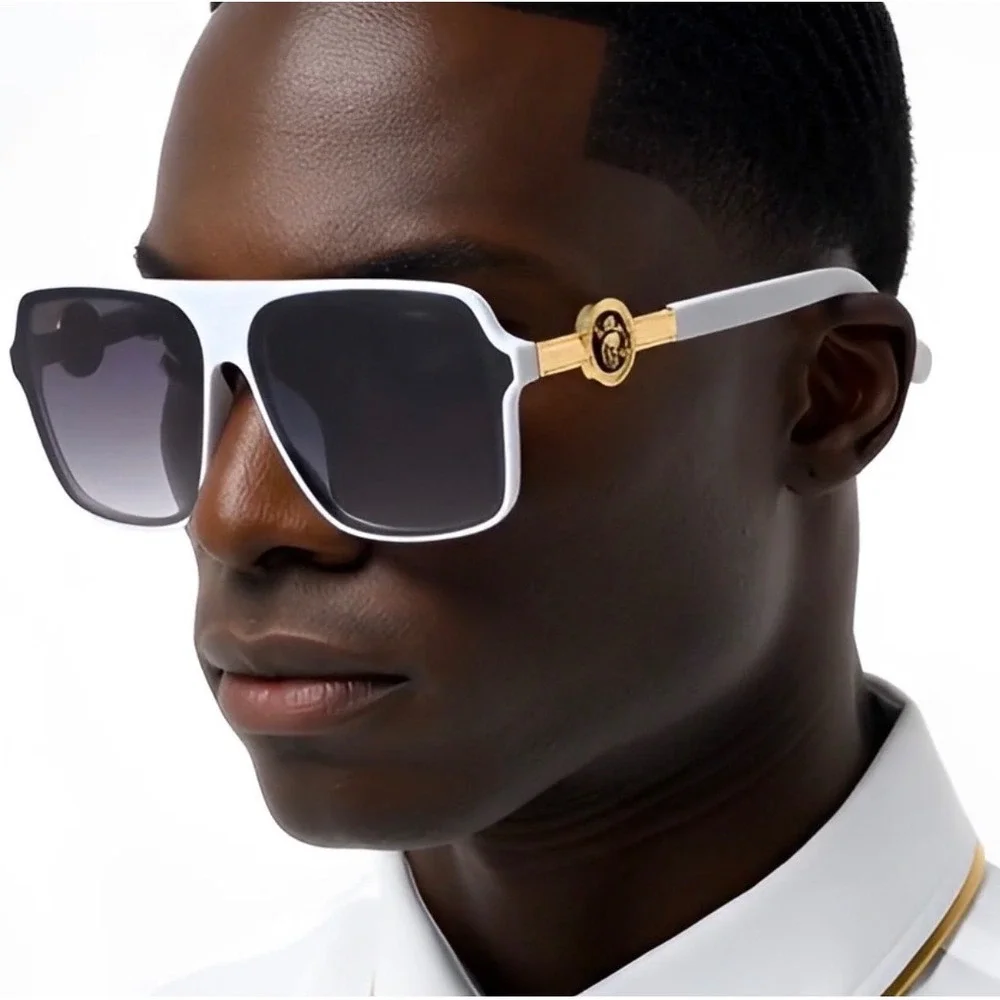 Mens White Oversized Square Sunglasses Gold‎ Lion Head Medallion Streetwear Rap